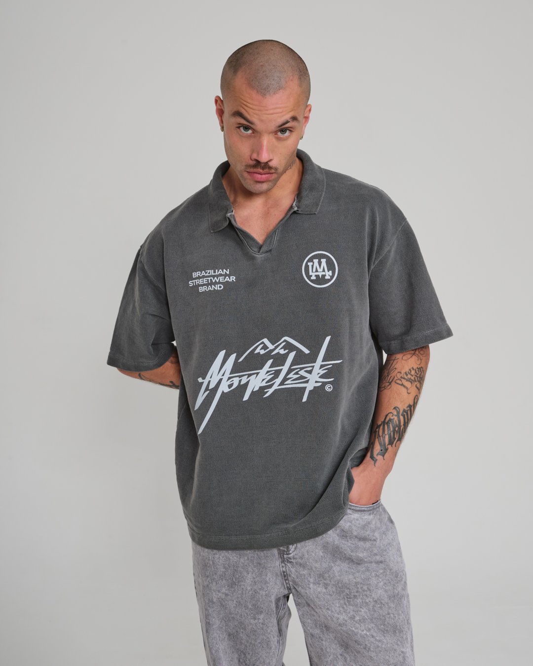 Camiseta Polo Oversized Lisa Cinza Estonado
